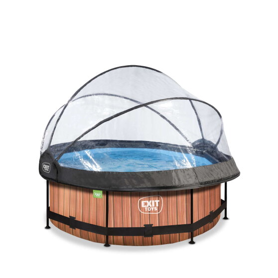 EXIT Wood pool &oslash;244x76cm med filterpump och tak - brun