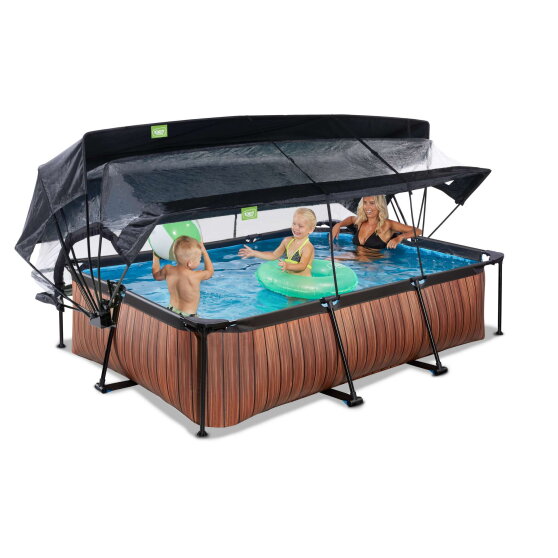 EXIT Wood pool 300x200x65cm med filterpump och tak och solsegel - brun