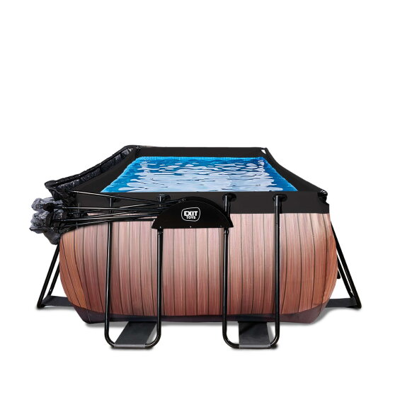EXIT Wood pool 540x250x122cm med sandfilterpump och tak och v&auml;rmepump - brun