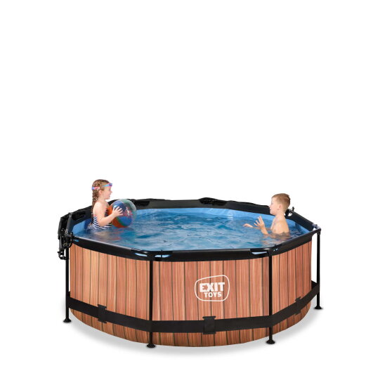 EXIT Wood pool &oslash;244x76cm med filterpump och solsegel - brun