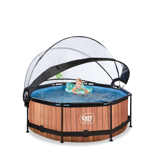 EXIT Wood pool &oslash;244x76cm med filterpump och tak - brun