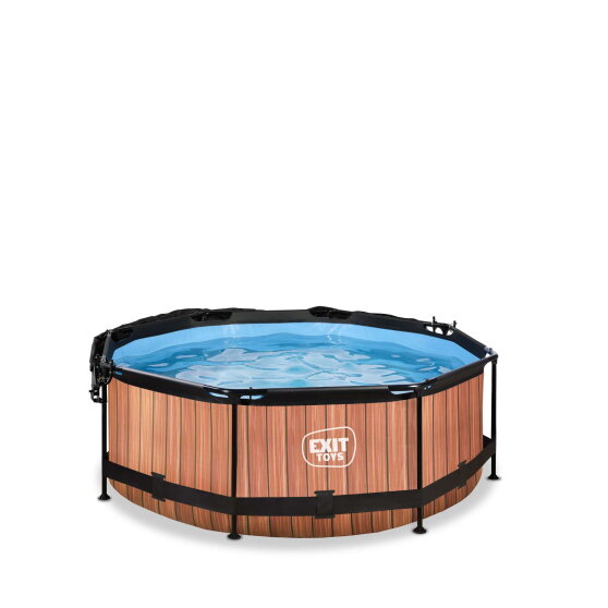 EXIT Wood pool &oslash;244x76cm med filterpump och solsegel - brun