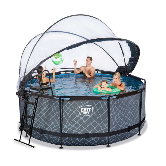 EXIT Stone pool &oslash;360x122cm med sandfilterpump och tak - gr&aring;