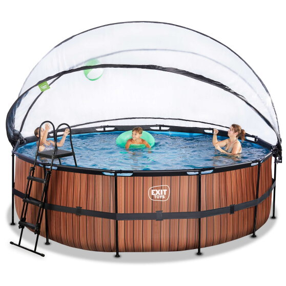 EXIT Wood pool ø450x122cm med sandfilterpump och tak och värmepump - brun