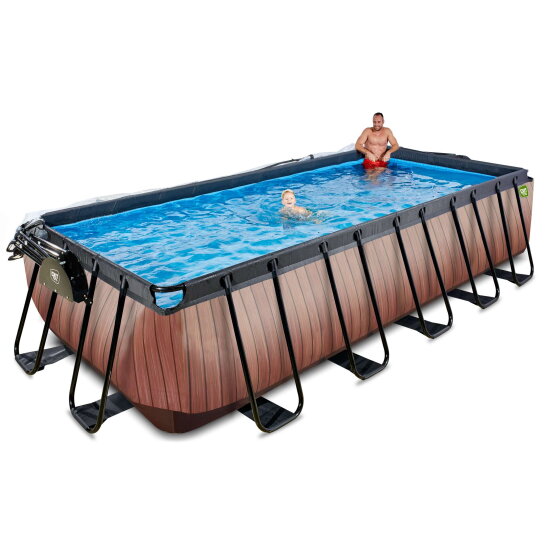 EXIT Wood pool 540x250x122cm med sandfilterpump och tak och v&auml;rmepump - brun