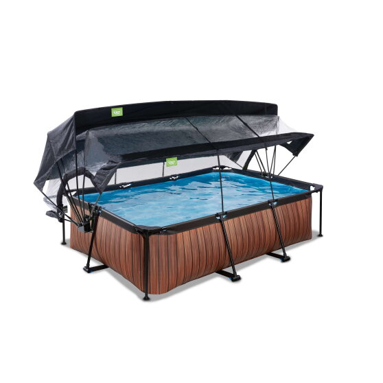 EXIT Wood pool 220x150x65cm med filterpump och tak och solsegel - brun