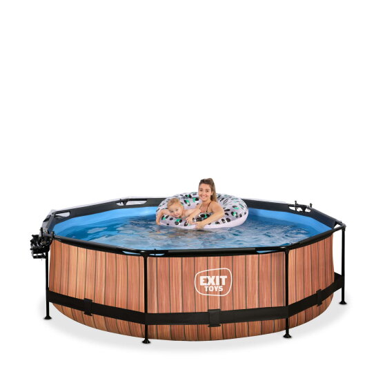 EXIT Wood pool ø300x76cm med filterpump och tak och solsegel - brun