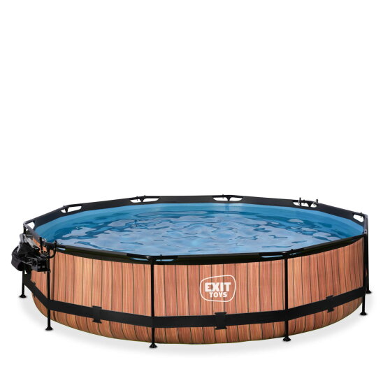EXIT Wood pool &oslash;360x76cm med filterpump och tak och solsegel - brun