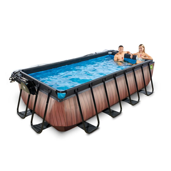 EXIT Wood pool 400x200x100cm med sandfilterpump och tak och värmepump - brun