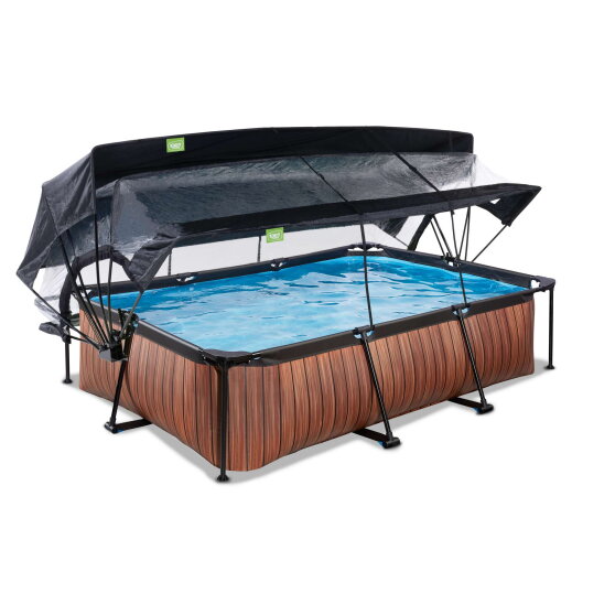 EXIT Wood pool 300x200x65cm med filterpump och tak och solsegel - brun