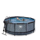 EXIT Stone pool &oslash;360x122cm med sandfilterpump och tak och v&auml;rmepump - gr&aring;