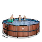 EXIT Wood pool ø427x122cm med sandfilterpump och tak och värmepump - brun