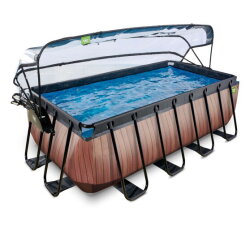 EXIT Wood pool 400x200x122cm med sandfilterpump och tak och v&auml;rmepump - brun