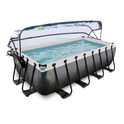 EXIT Black Leather pool 400x200x100cm med sandfilterpump och tak och v&auml;rmepump - svart