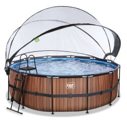 EXIT Wood pool &oslash;427x122cm med sandfilterpump och tak och v&auml;rmepump - brun