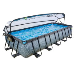 EXIT Stone pool 540x250x100cm med sandfilterpump och tak och v&auml;rmepump - gr&aring;
