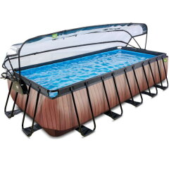 EXIT Wood pool 540x250x122cm med sandfilterpump och tak och v&auml;rmepump - brun