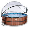 EXIT Wood pool ø427x122cm med sandfilterpump och tak och värmepump - brun